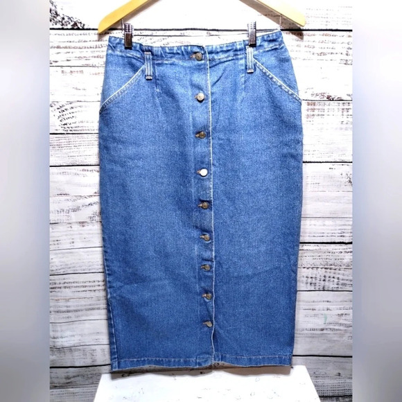Vivaldi Denim Maxi Pencil Skirt Medium Blue size 12 Button Front 90s Classic - Picture 1 of 8